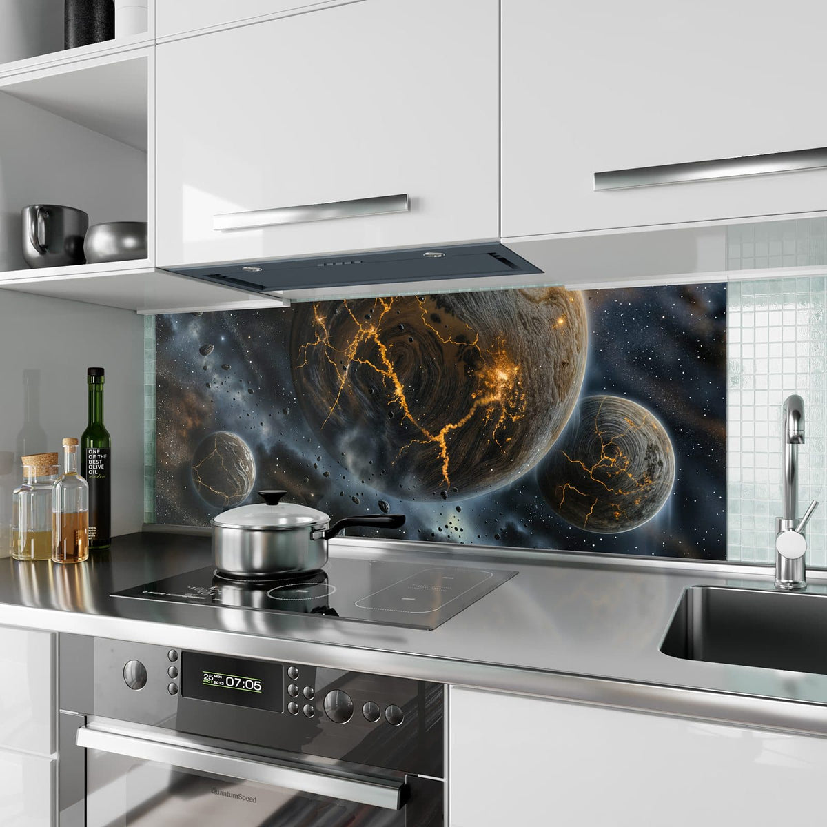Küchenrückwand Planeten mit Lavarissen aus Glas – Zwei Planeten mit glühenden Rissen