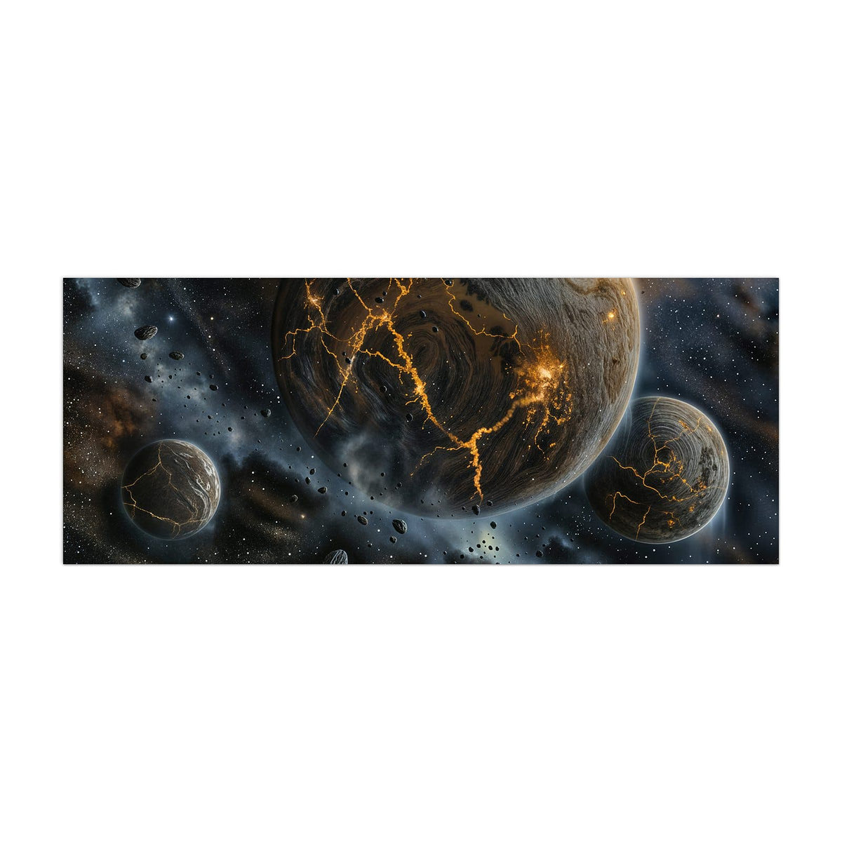 Küchenrückwand aus Glas Planeten mit Lavarissen im Hochformat, Motiv bildfüllend von vorn