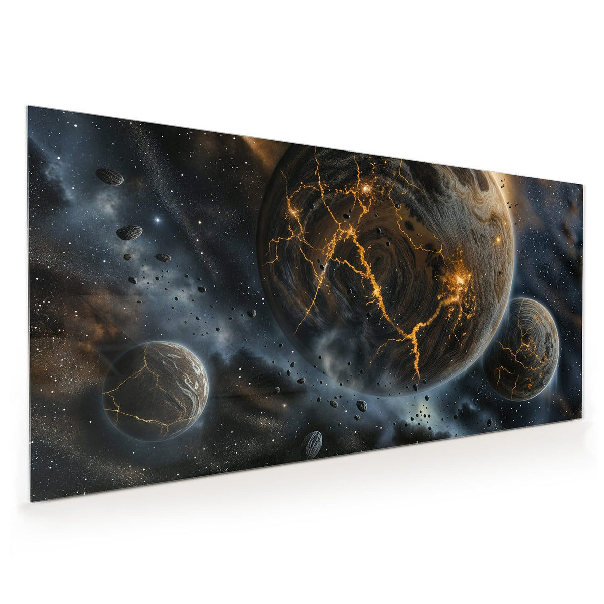 Küchenrückwand aus Glas im Hochformat: Zwei Planeten mit glühend orangen Lavarissen, davor treibende Asteroiden