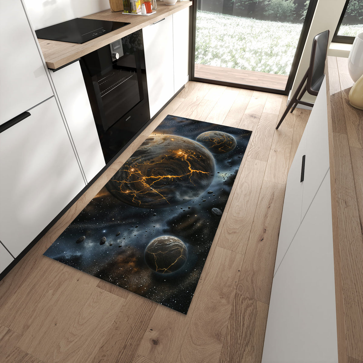 Zeitsparender langer Teppich mit Motiv Drei Welten in moderner Küche