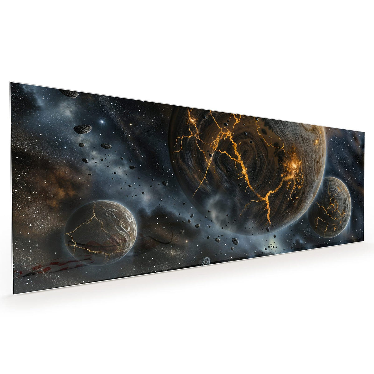 Küchenrückwand aus Glas im Hochformat: Zwei Planeten mit glühend orangen Lavarissen, davor treibende Asteroiden