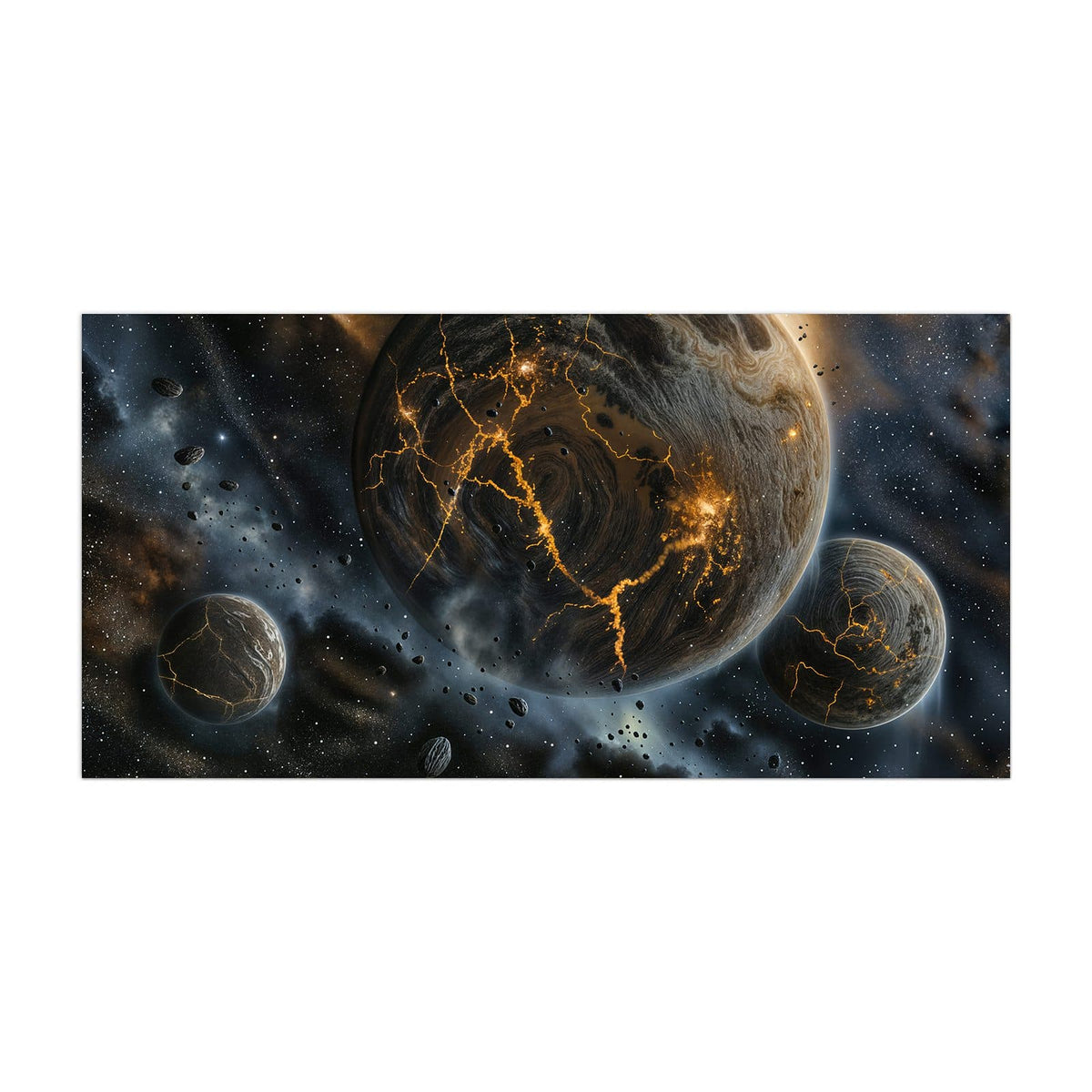 Küchenrückwand aus Glas Planeten mit Lavarissen im Hochformat, Motiv bildfüllend von vorn