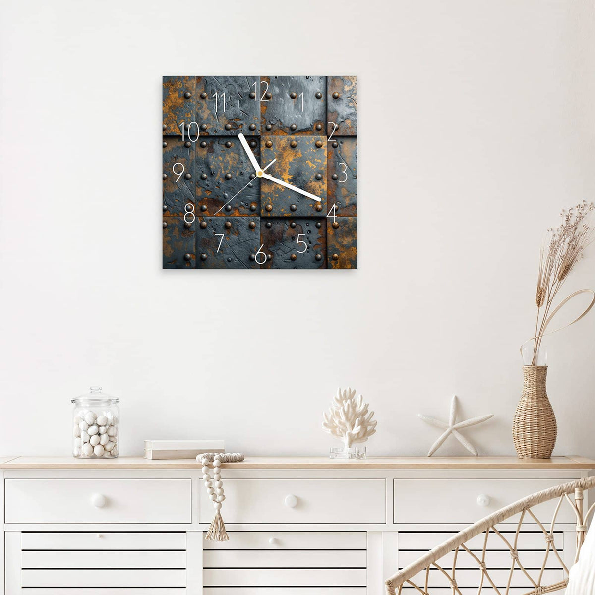 Wanduhr Rostige Eisenplatten aus Glas – Quadratisch 30 × 30 cm – Genietete Metallplatten mit Rostpatina