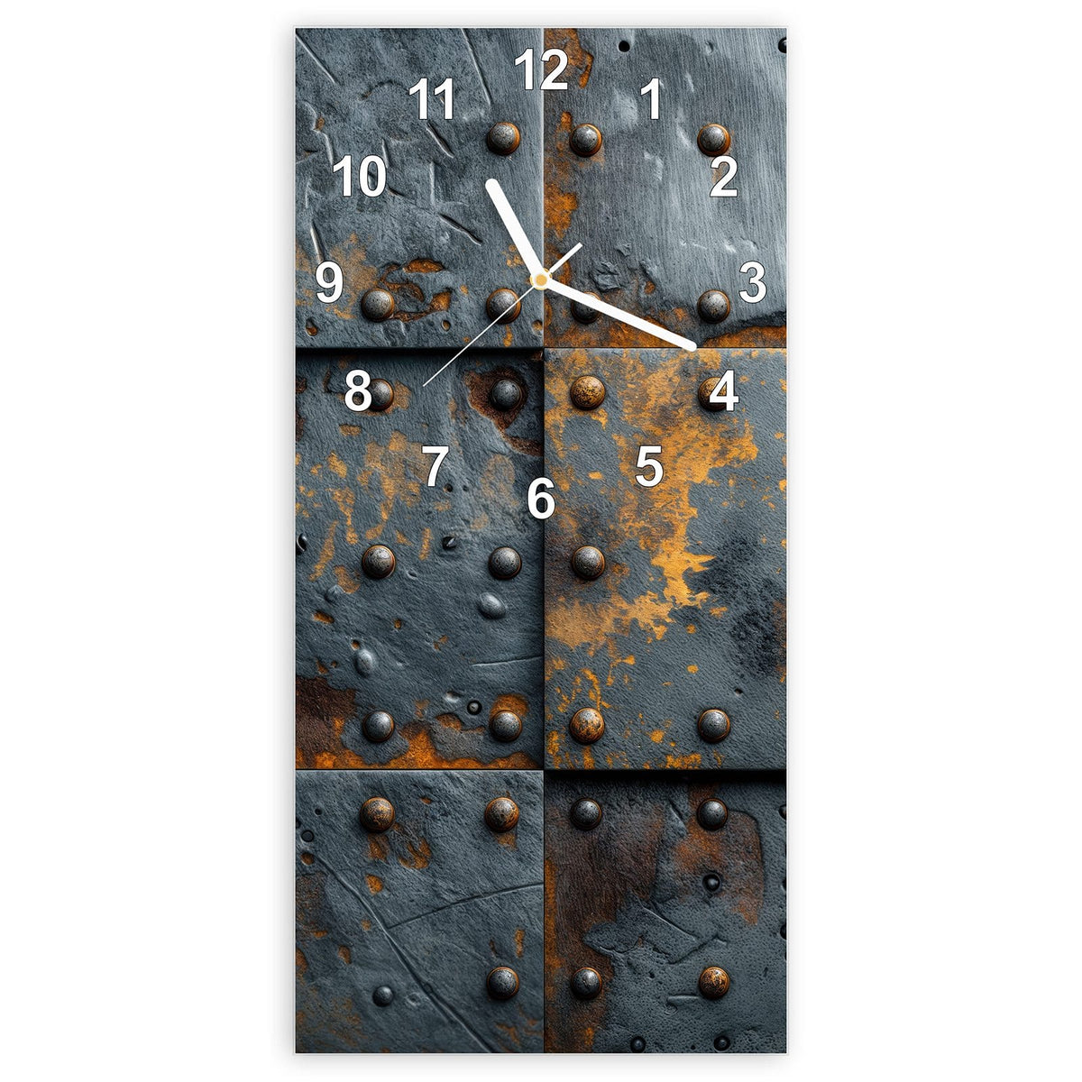 Wanduhr aus Glas, Ziffernblatt Modern: Quadratische Eisenplatten mit großen Nietköpfen, blaugrau mit flächigem Rost in Ocker