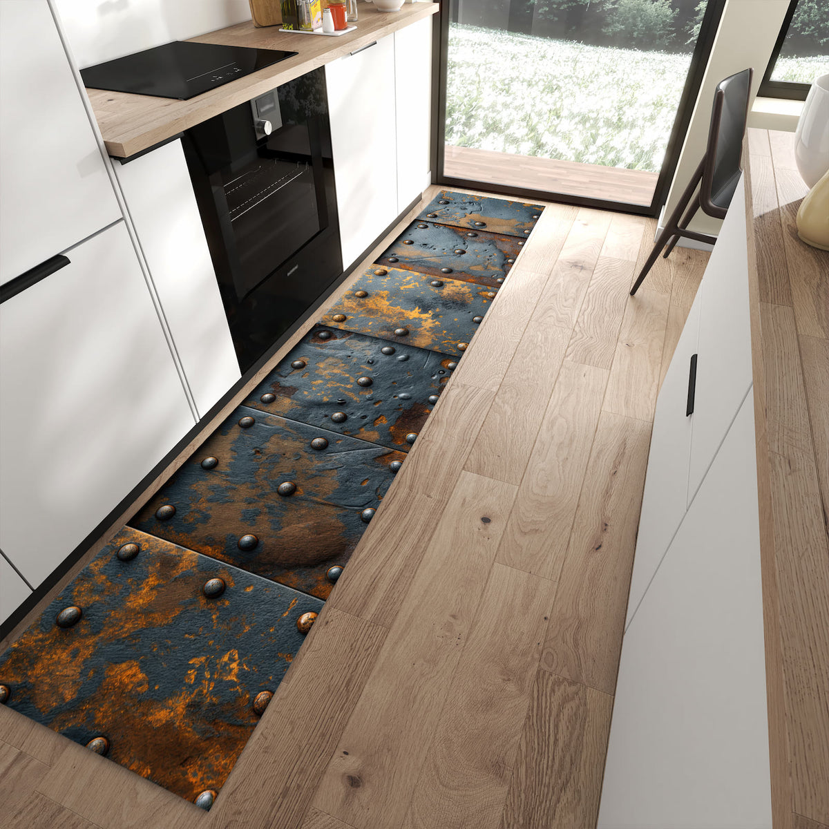 Bodenschonender Küchenläufer mit Motiv Eisenplatten Vintage in moderner Küche