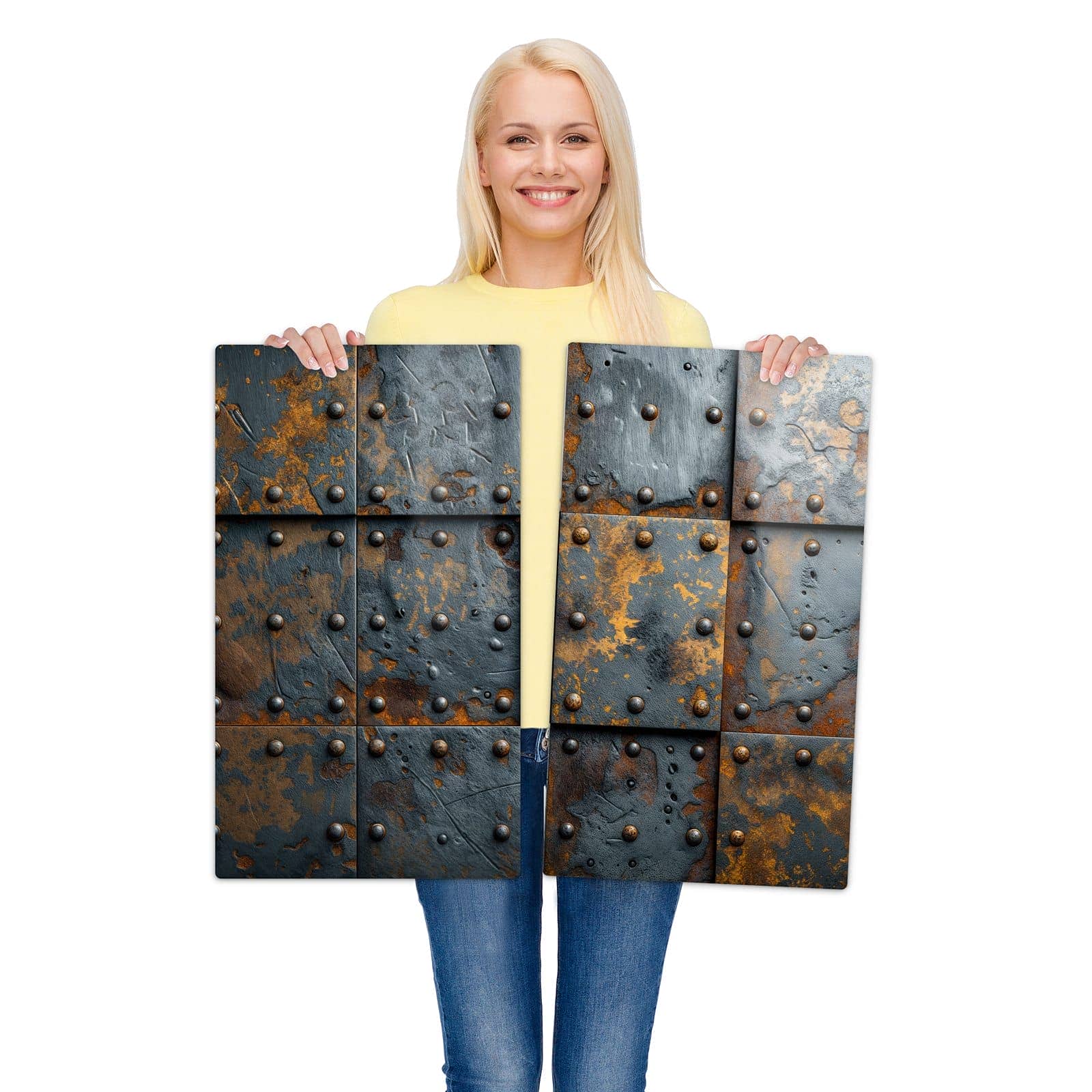 2-teilige Abdeckplatten für Herd mit Eisenplatten Vintage-Motiv wird zur Größendarstellung gehalten