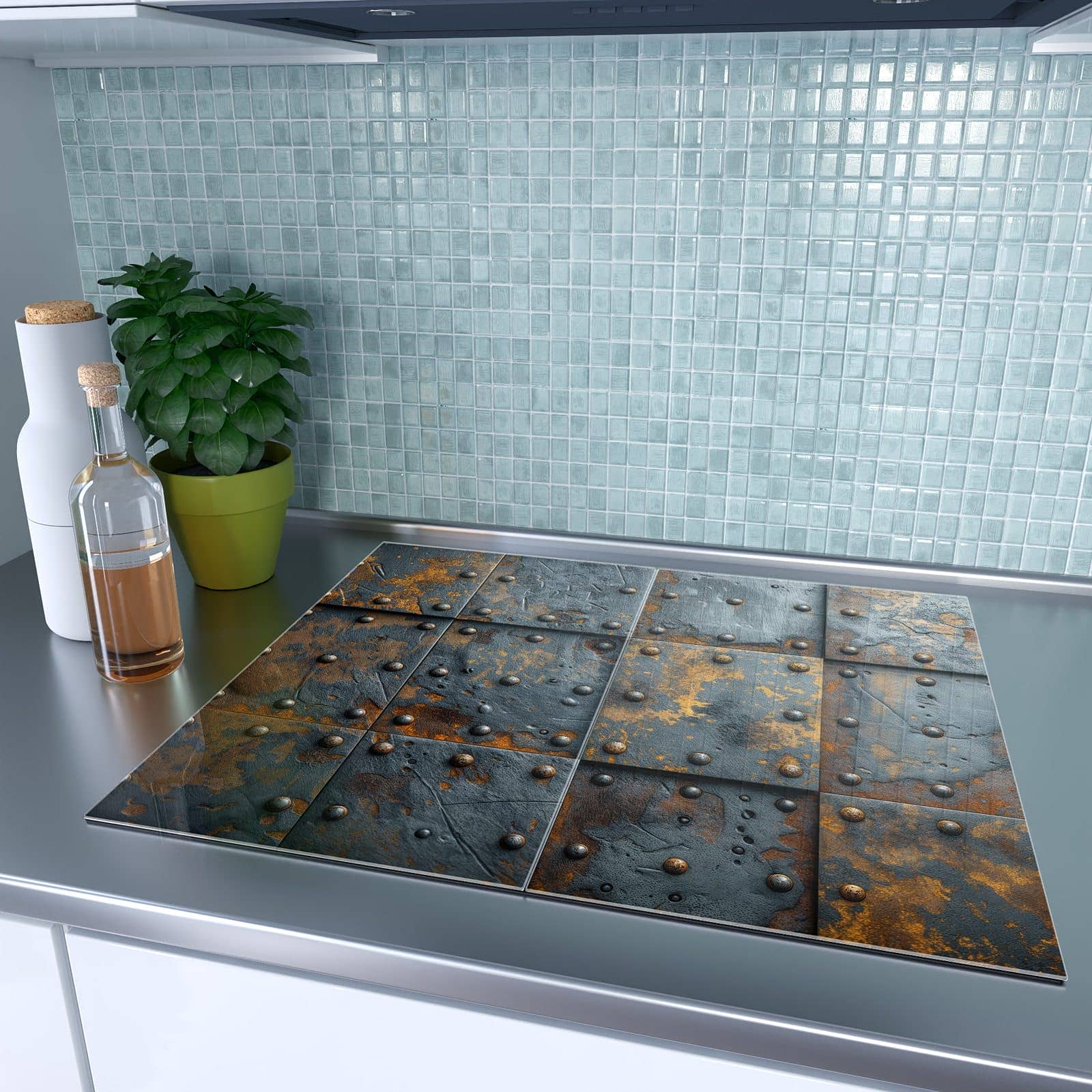 2-teilige Herdabdeckung für Induktionsfeld mit Eisenplatten Vintage-Motiv auf dem Ceranfeld