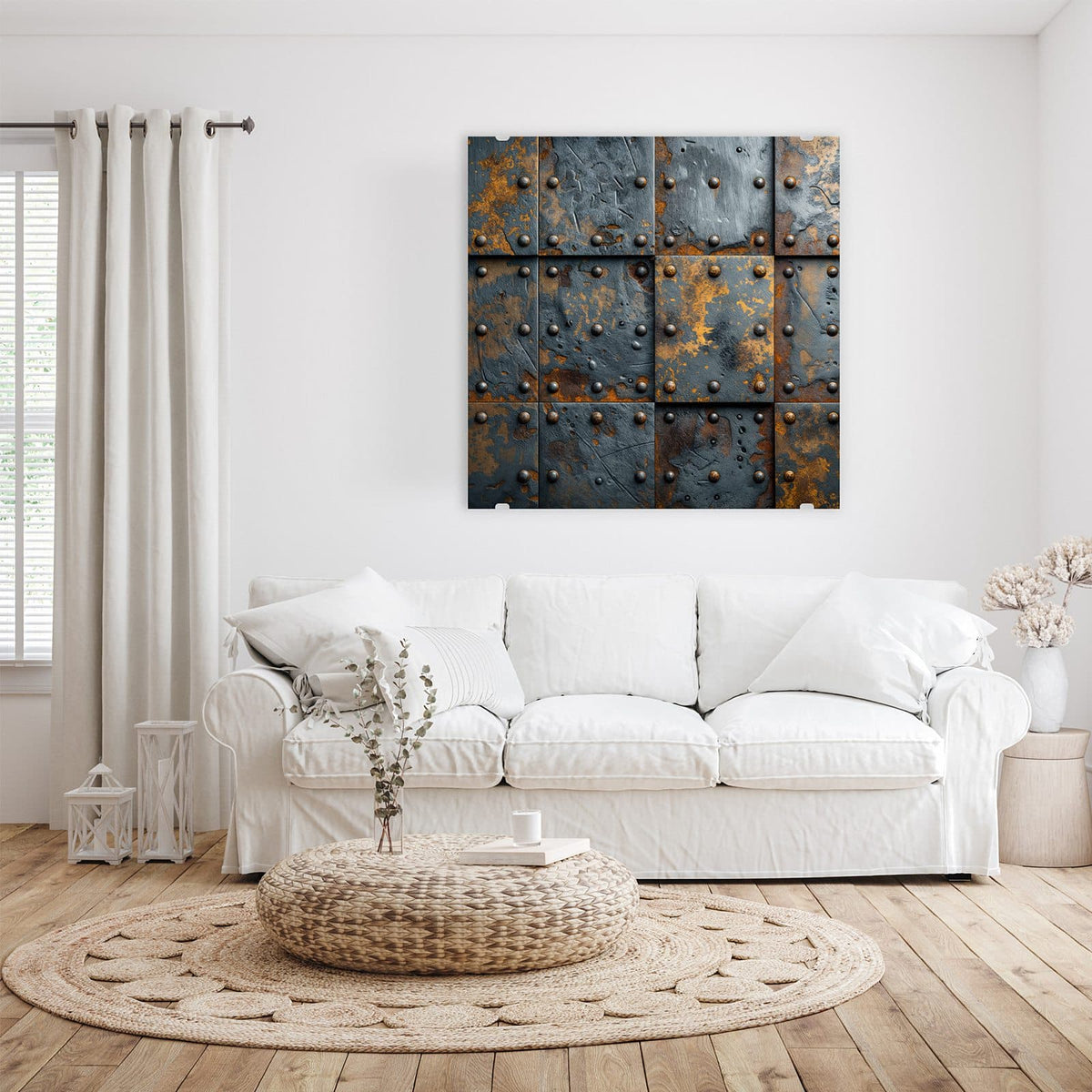 Glasbild Rostige Eisenplatten an der Wand – Quadratische Eisenplatten mit großen Nietköpfen, blaugrau mit flächigem Rost in Ocker