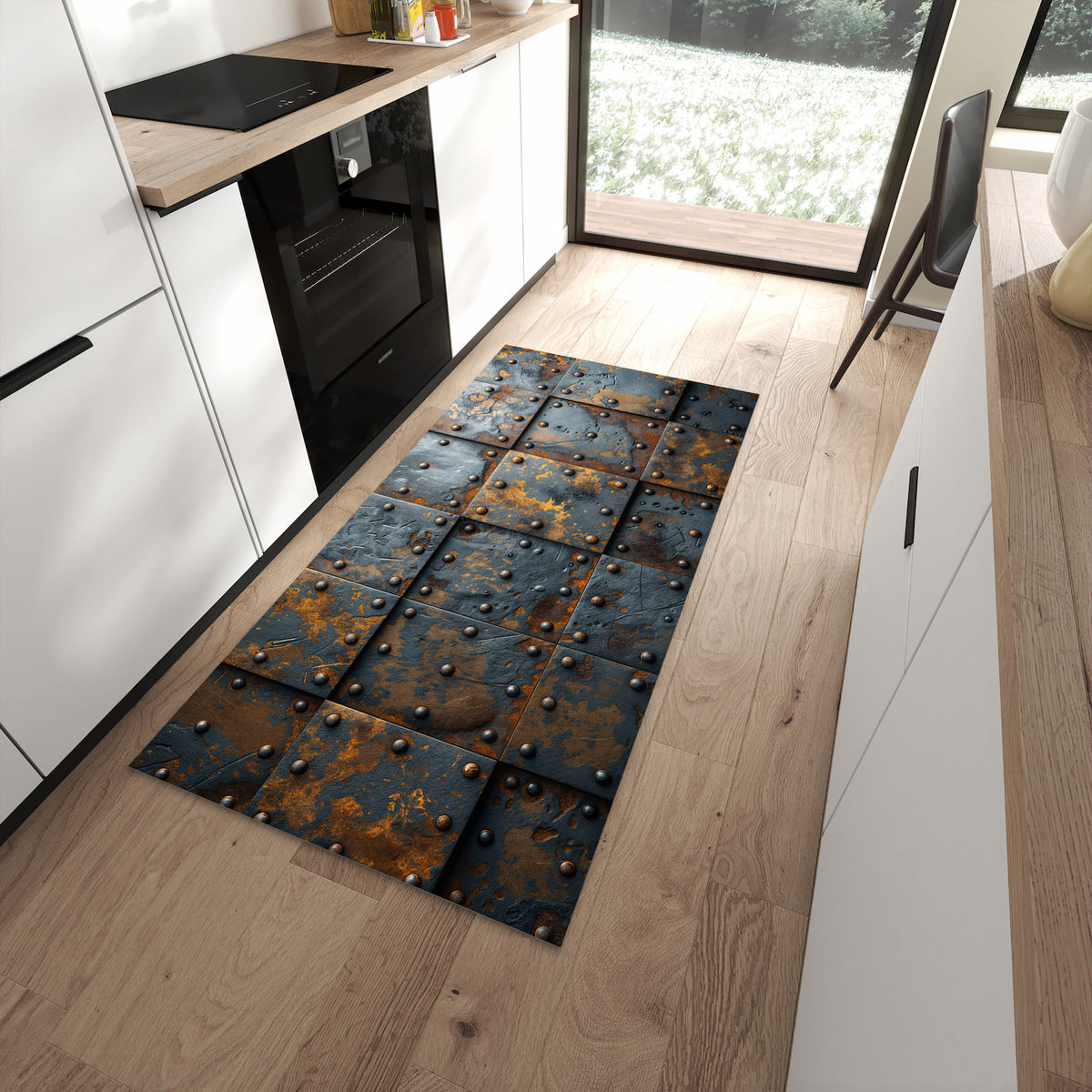 Abriebfester rutschfester Küchenläufer mit Motiv Eisenplatten Vintage in moderner Küche