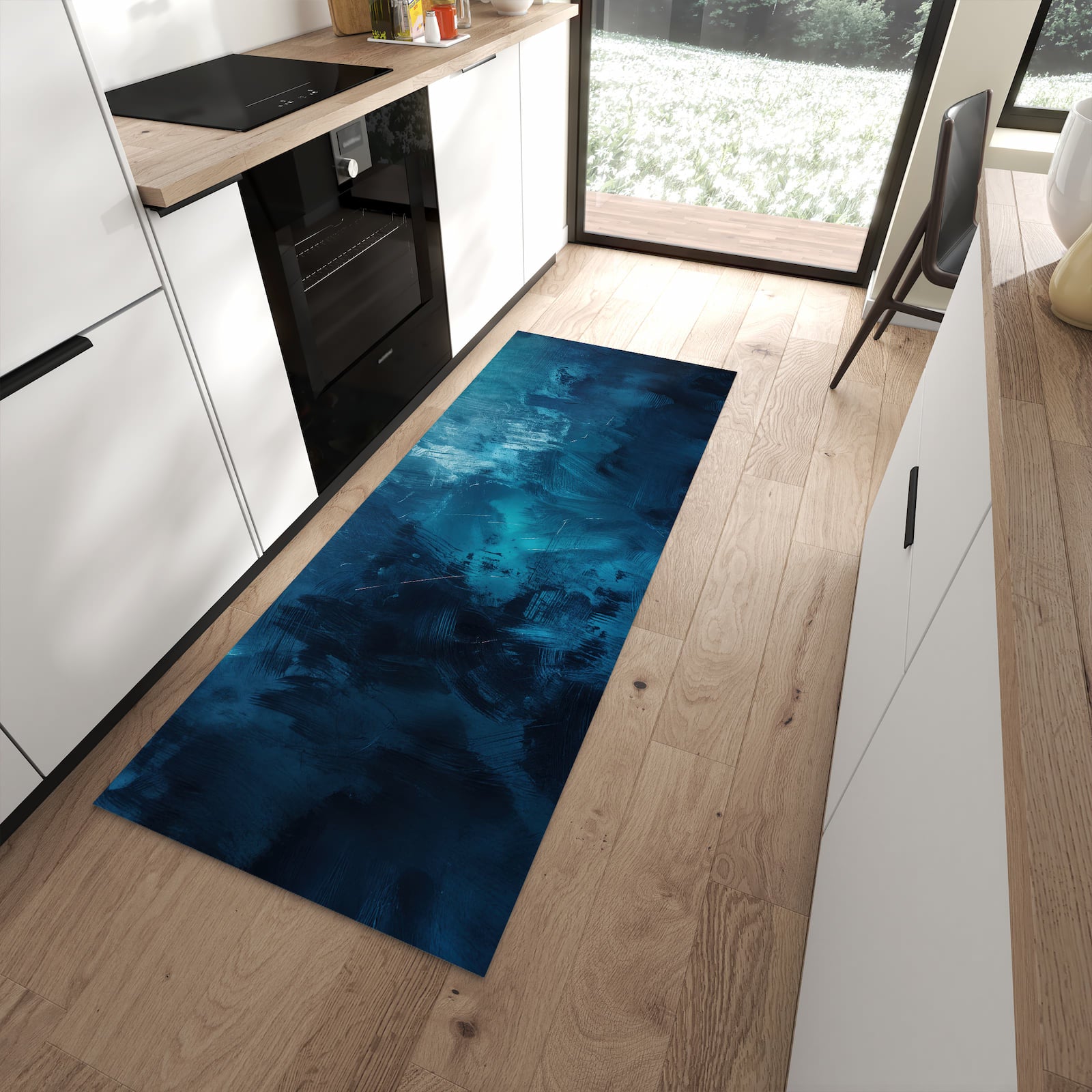 Rutschfester Küchenteppich mit Motiv Abstrakte Blautöne in moderner Küche