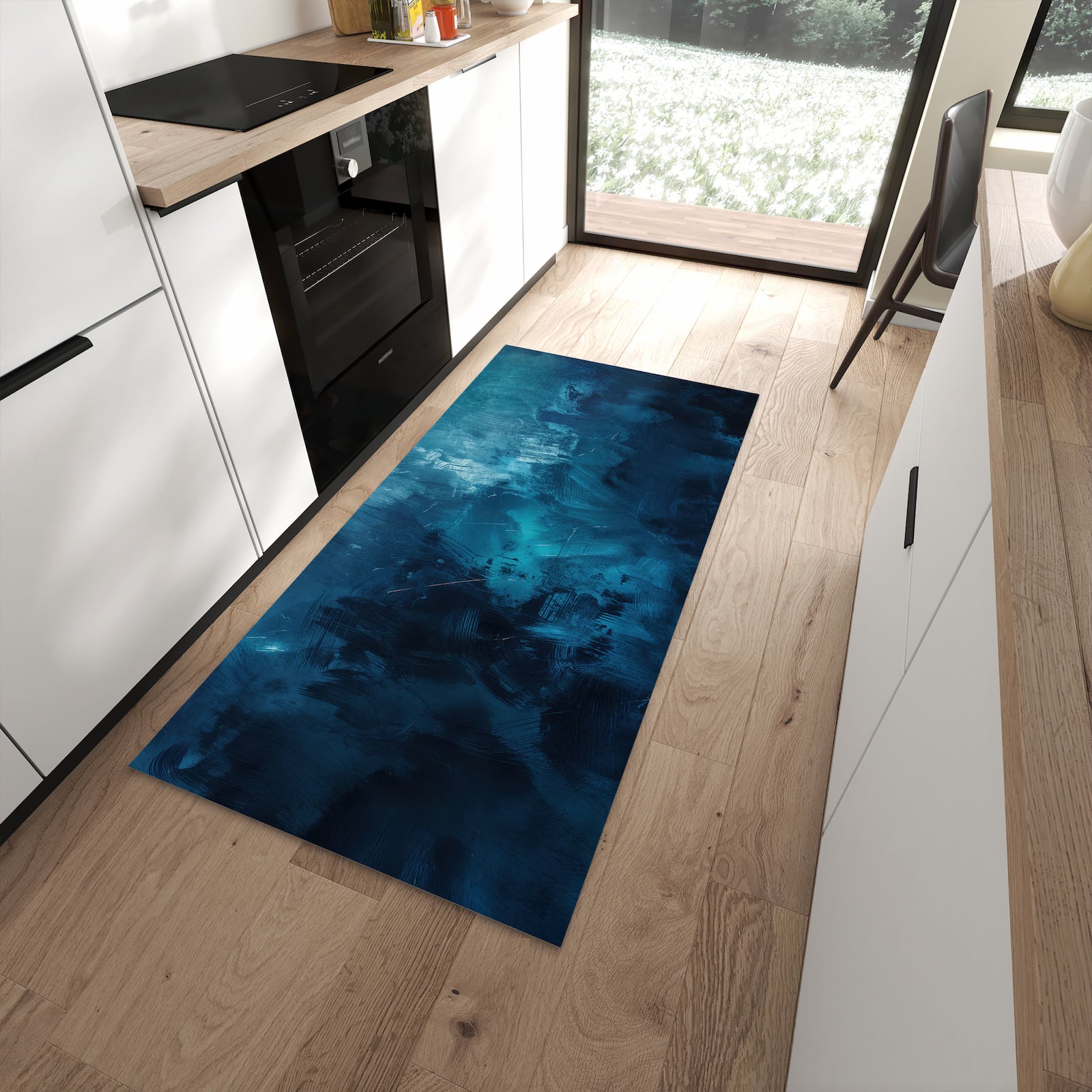 Strapazierfähiger Küchenteppich mit Motiv Abstrakte Blautöne in moderner Küche