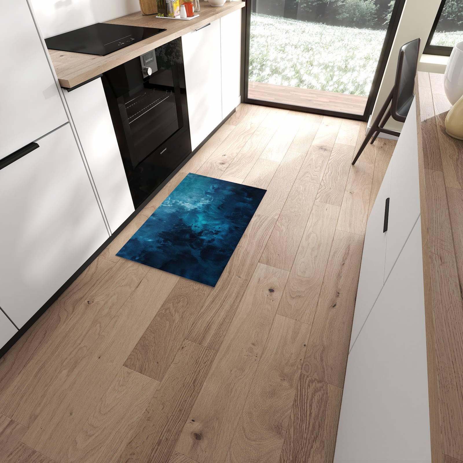 Flacher Küchenläufer mit Motiv Abstrakte Blautöne in moderner Küche