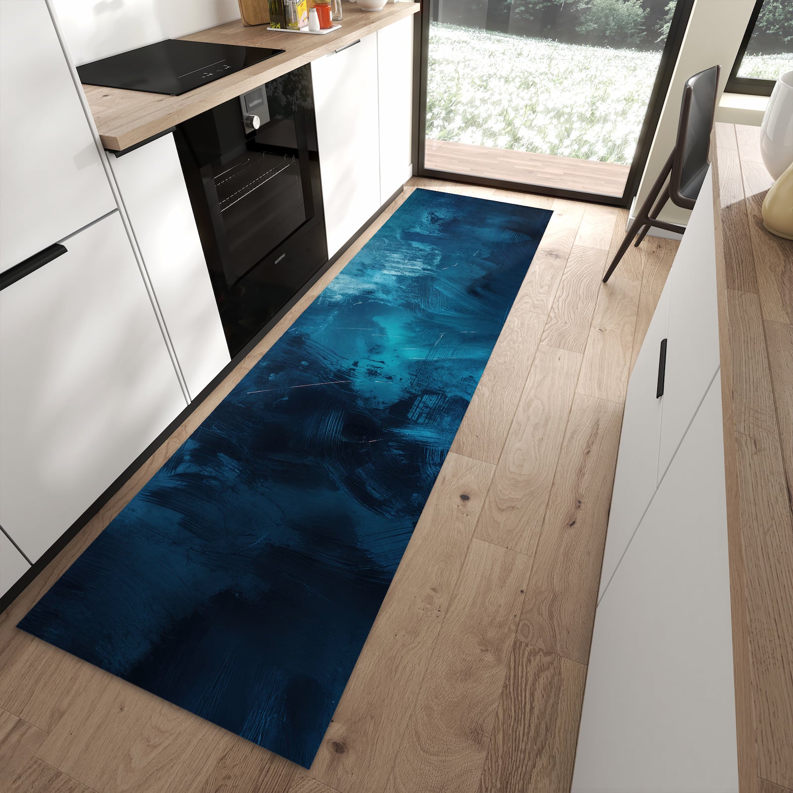Komfortabler Küchenteppich mit Motiv Abstrakte Blautöne in moderner Küche