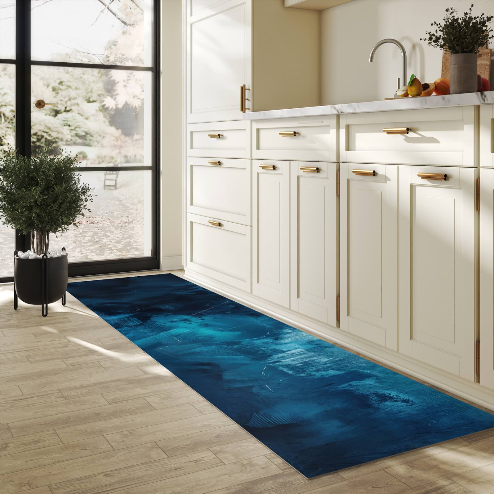 Pflegeleichter Küchenteppich mit Motiv Abstrakte Blautöne in heller Küche