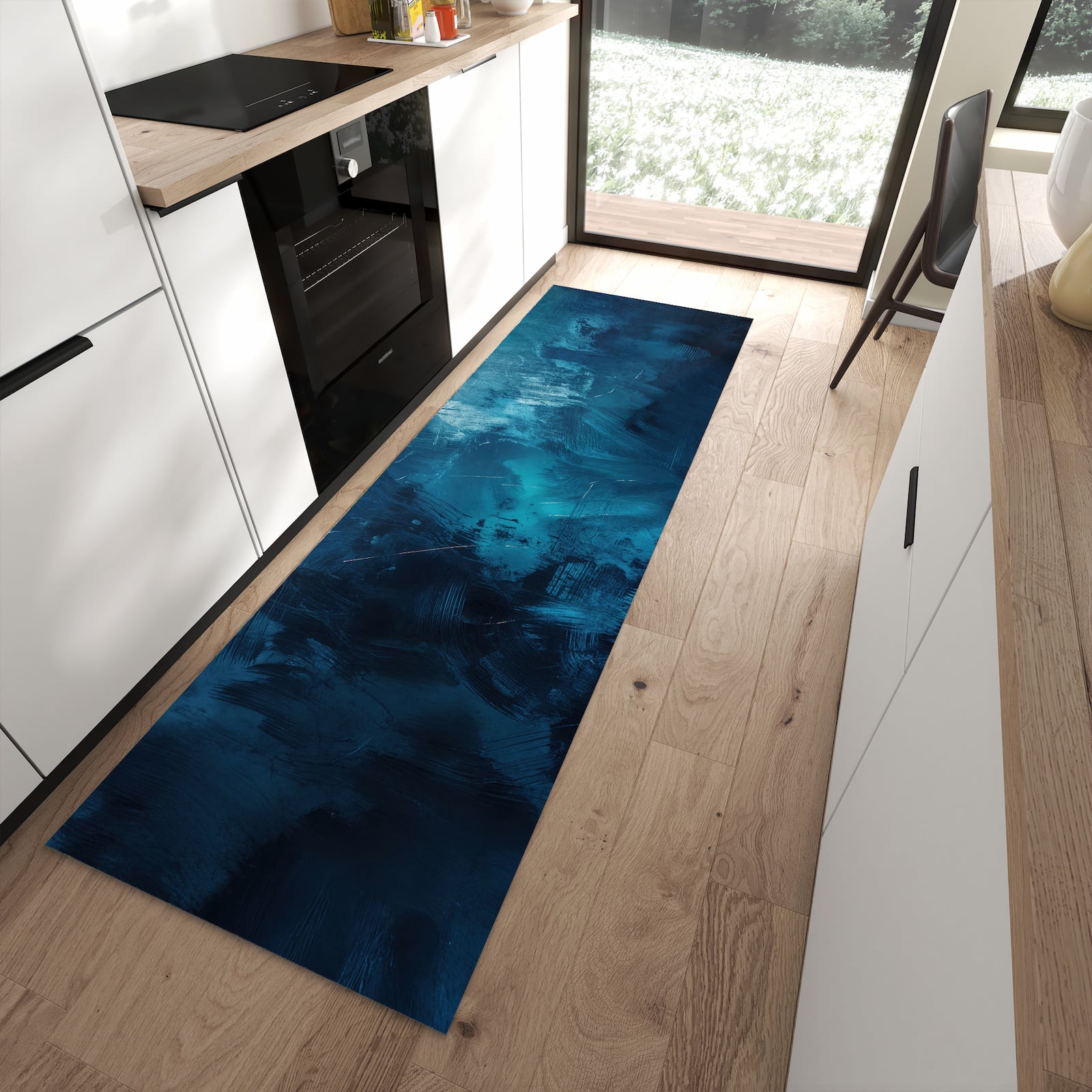 Waschbarer Küchenteppich mit Motiv Abstrakte Blautöne in moderner Küche