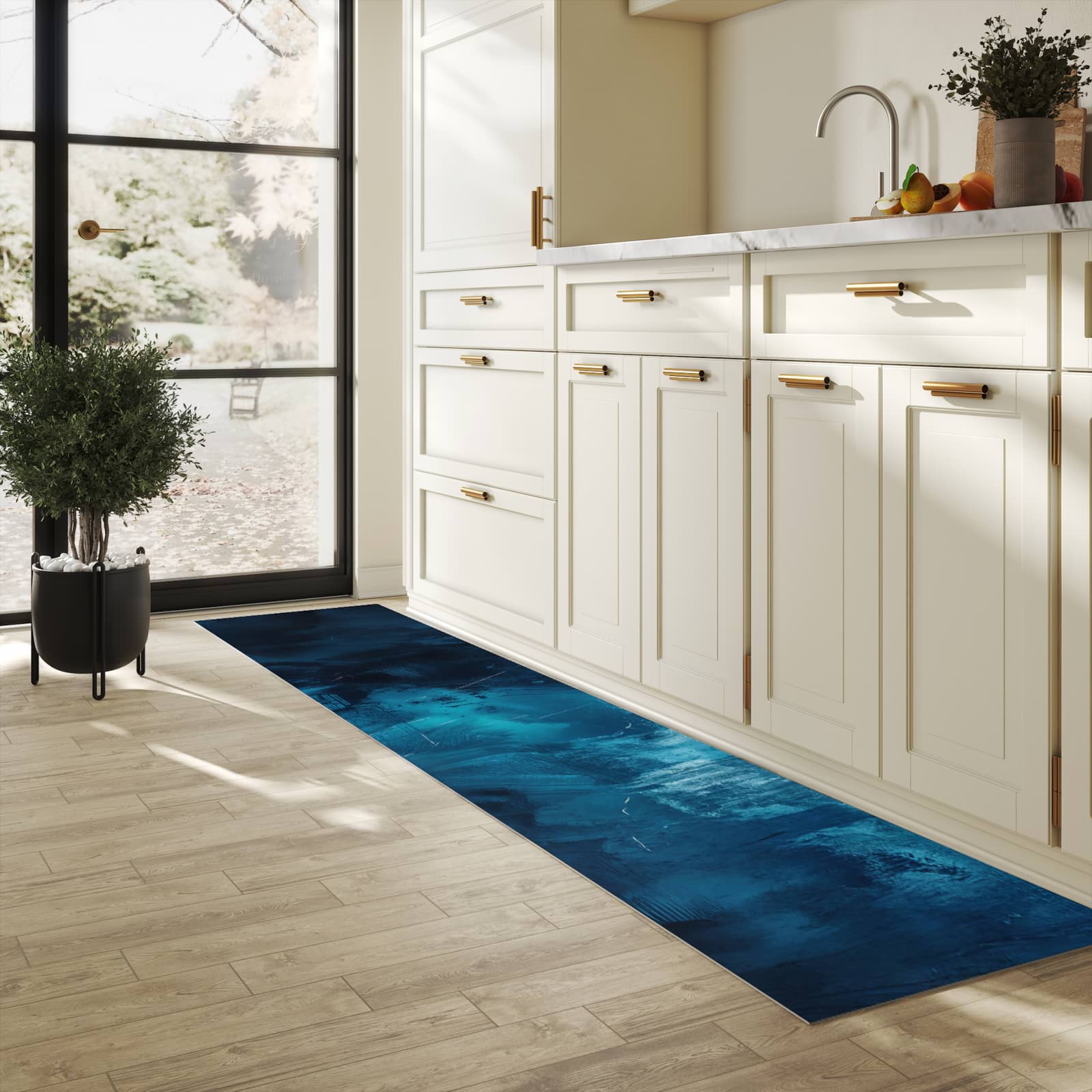 Langlebiger, waschbarer Küchenläufer mit Motiv Abstrakte Blautöne in heller Küche