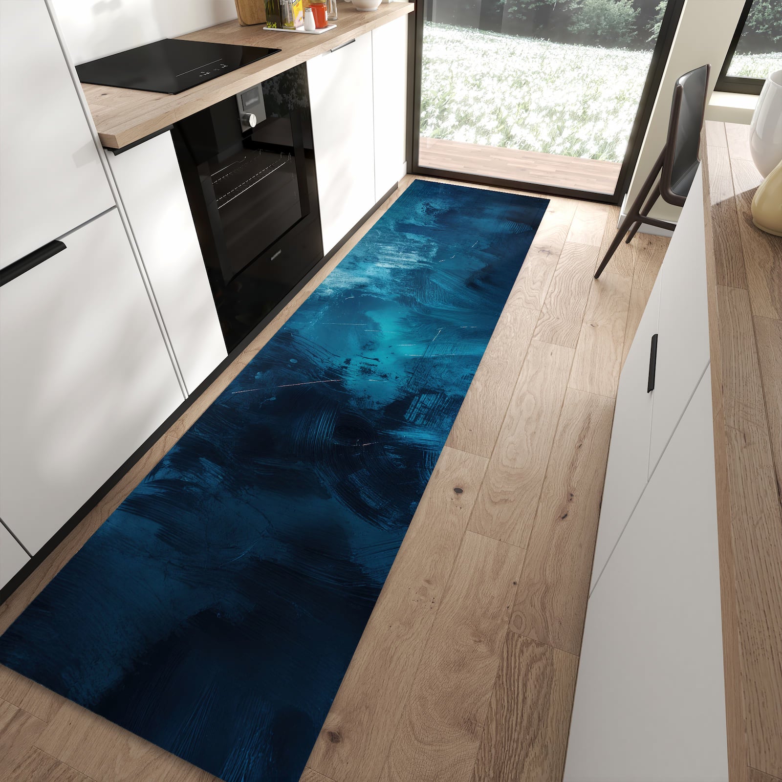 Hygienischer rutschfester Küchenteppich mit Motiv Abstrakte Blautöne in moderner Küche
