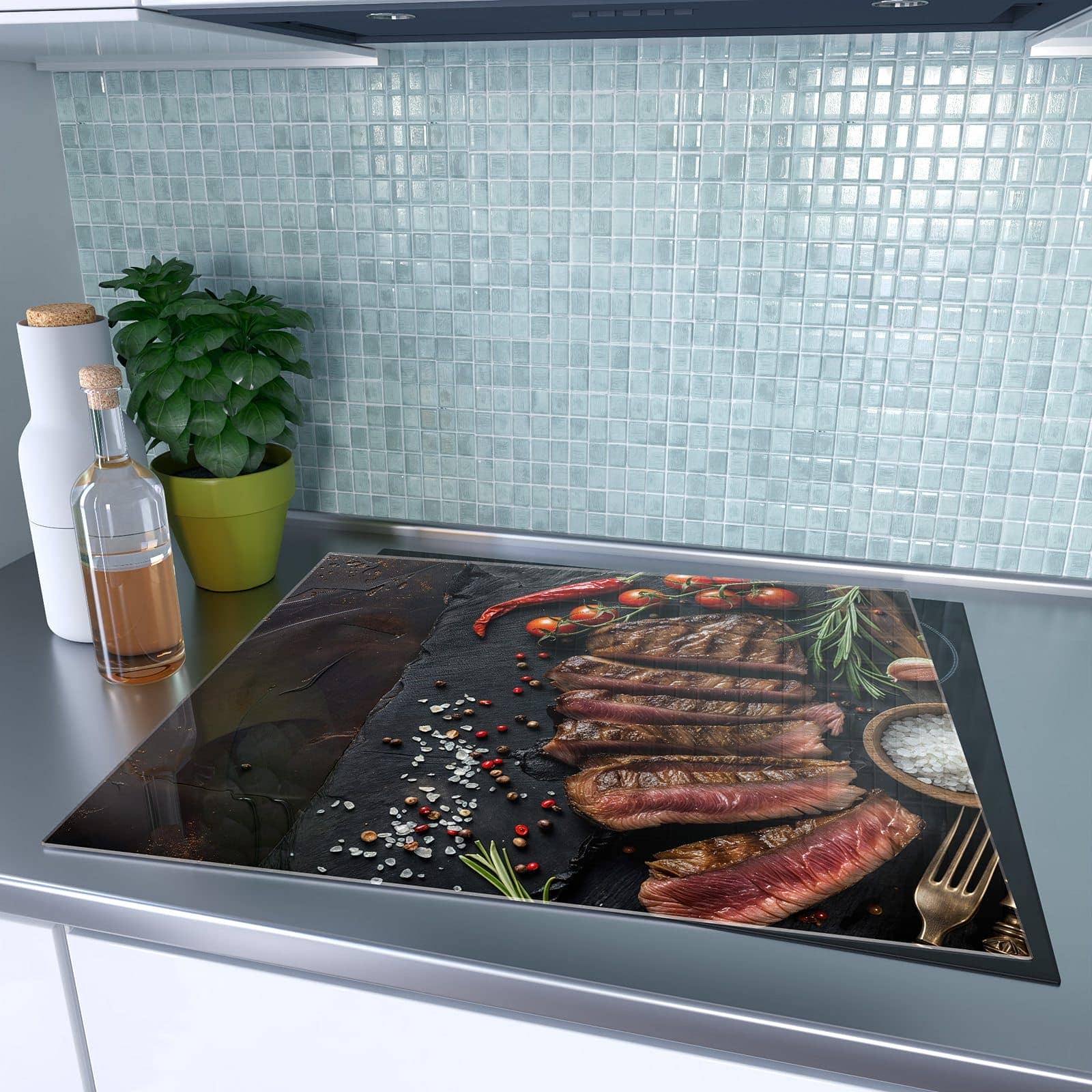 1-teilige Herdabdeckplatte mit Gegrilltes Steak Teller-Motiv auf dem Ceranfeld