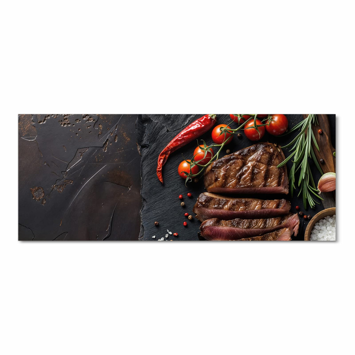 Waschbarer Küchenläufer mit Motiv Gegrilltes Steak Teller in Frontansicht für angenehme Haptik