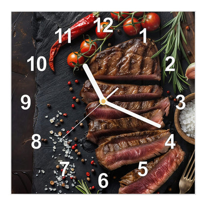 Wanduhr Quadratisch mit dem Motiv Steak auf Schiefer