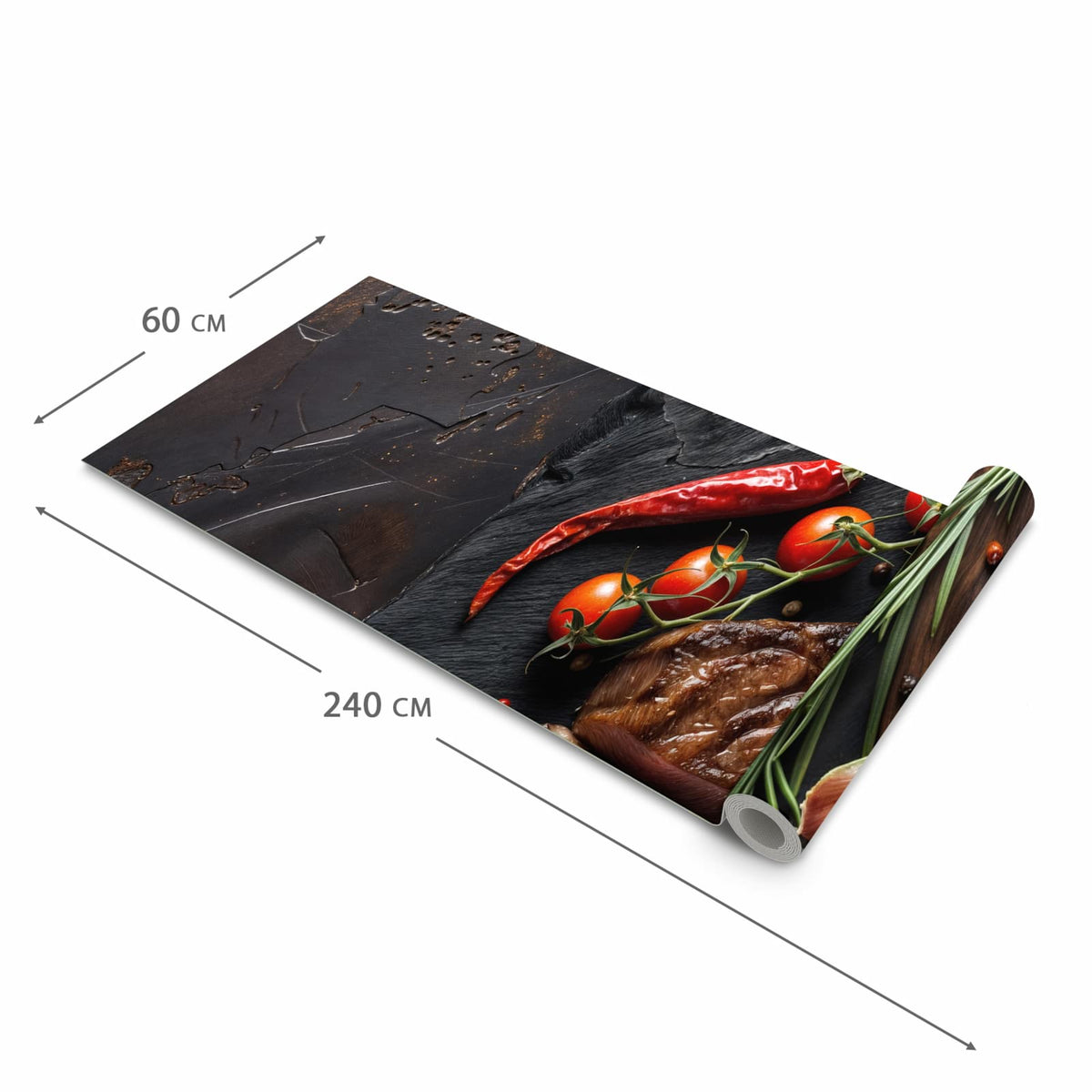 Rutschhemmender waschbarer Küchenläufer mit Motiv Gegrilltes Steak Teller in der Größe 60x270 cm