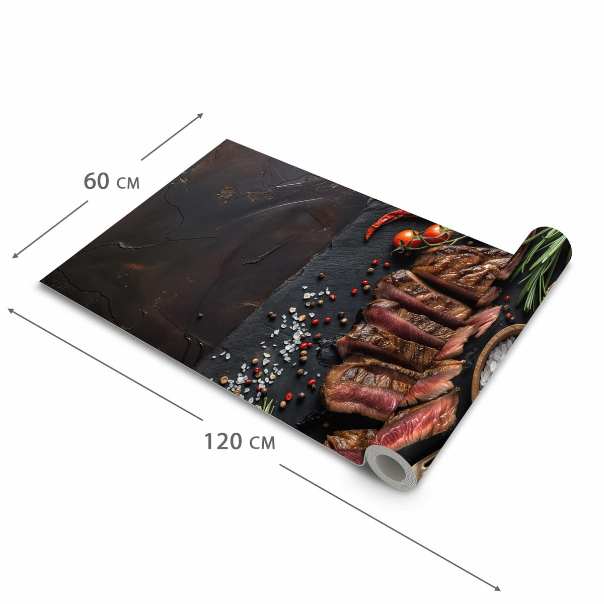 Flacher Küchenläufer mit Motiv Gegrilltes Steak Teller in der Grösse 60x270 cm