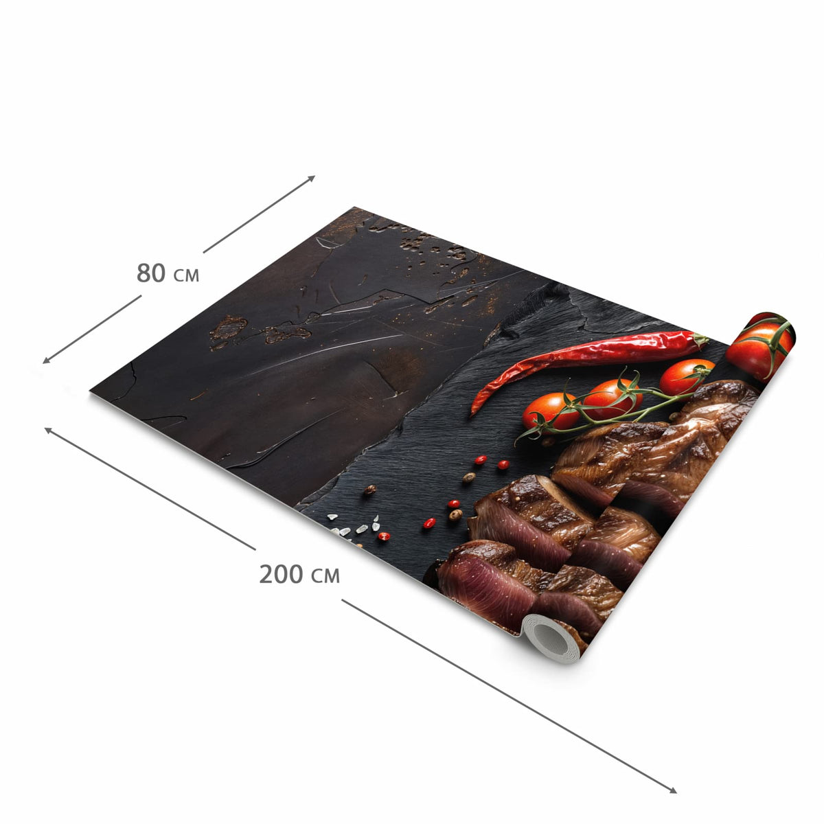 Strapazierfähiger dünner Teppich mit Motiv Gegrilltes Steak Teller in der Grösse 60x300 cm