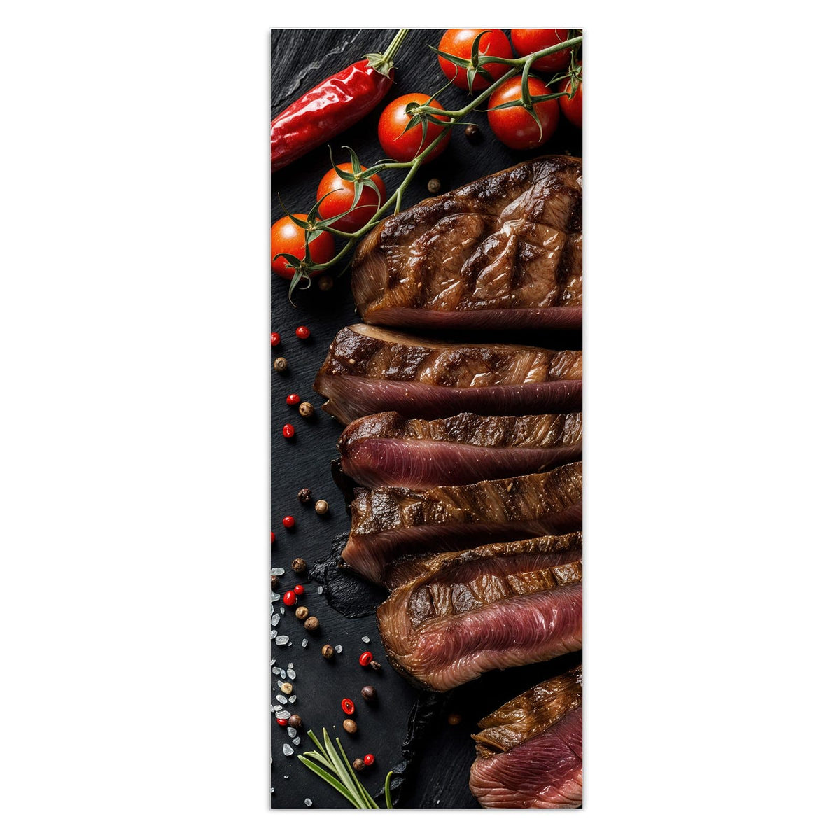 Wandbild - Steak auf Schiefer - Hochformat – Steak in Scheiben auf Schiefer