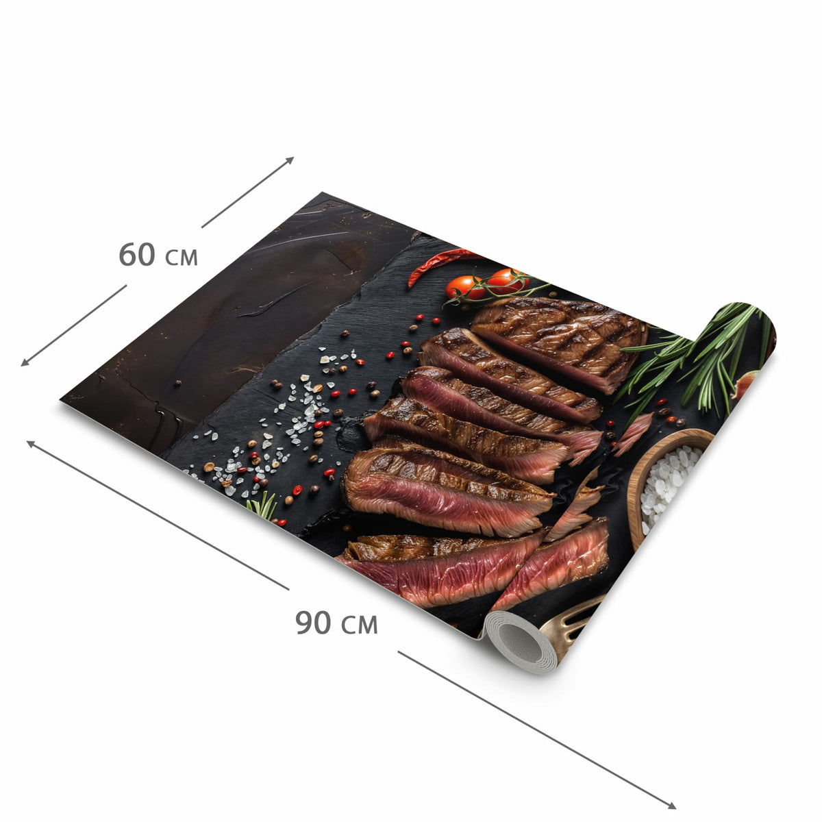 Hygienischer rutschfester Läufer mit Motiv Gegrilltes Steak Teller in der Grösse 60x270 cm
