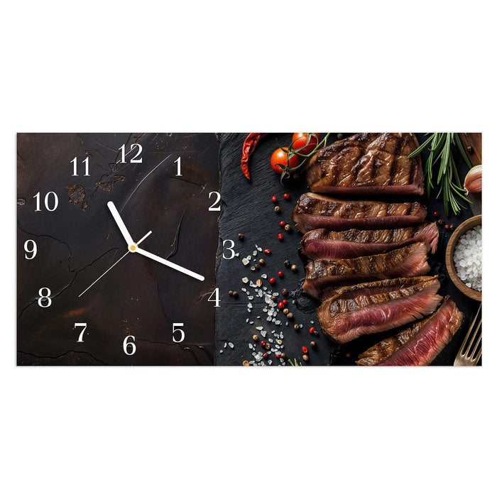 Wanduhr Gegrilltes Steak Teller aus Glas – Querformat 60 × 30 cm mit Ziffernblatt Klassisch