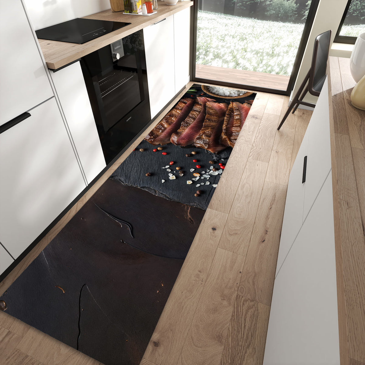 Geräuschdämpfender Küchenteppich mit Motiv Gegrilltes Steak Teller in moderner Küche