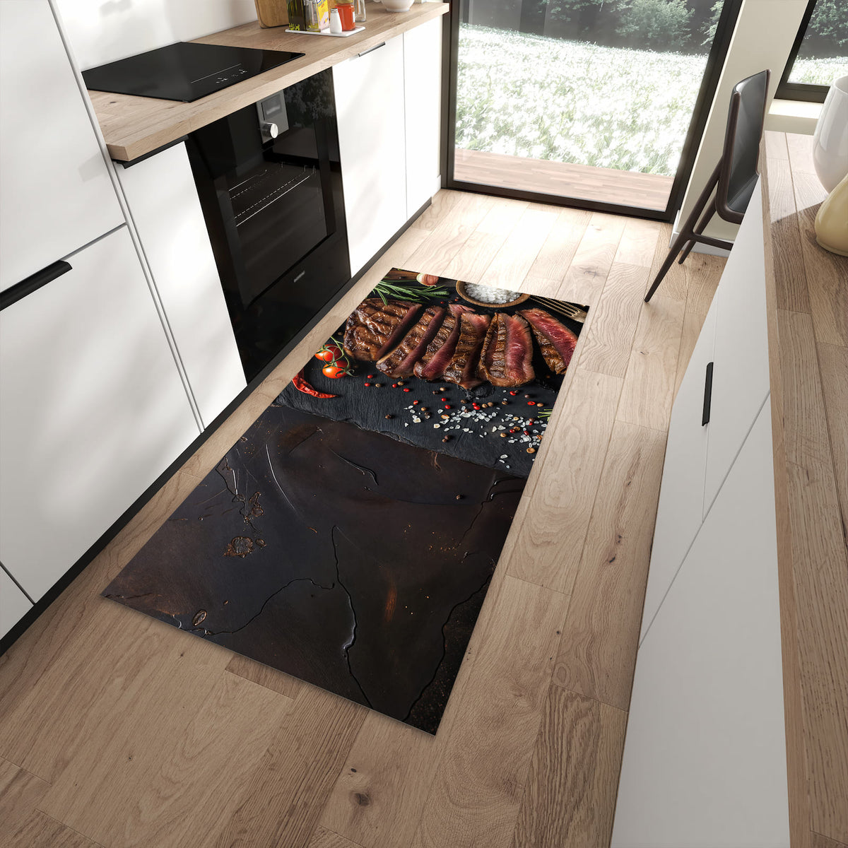 Abriebfester Küchenteppich mit Motiv Gegrilltes Steak Teller in moderner Küche