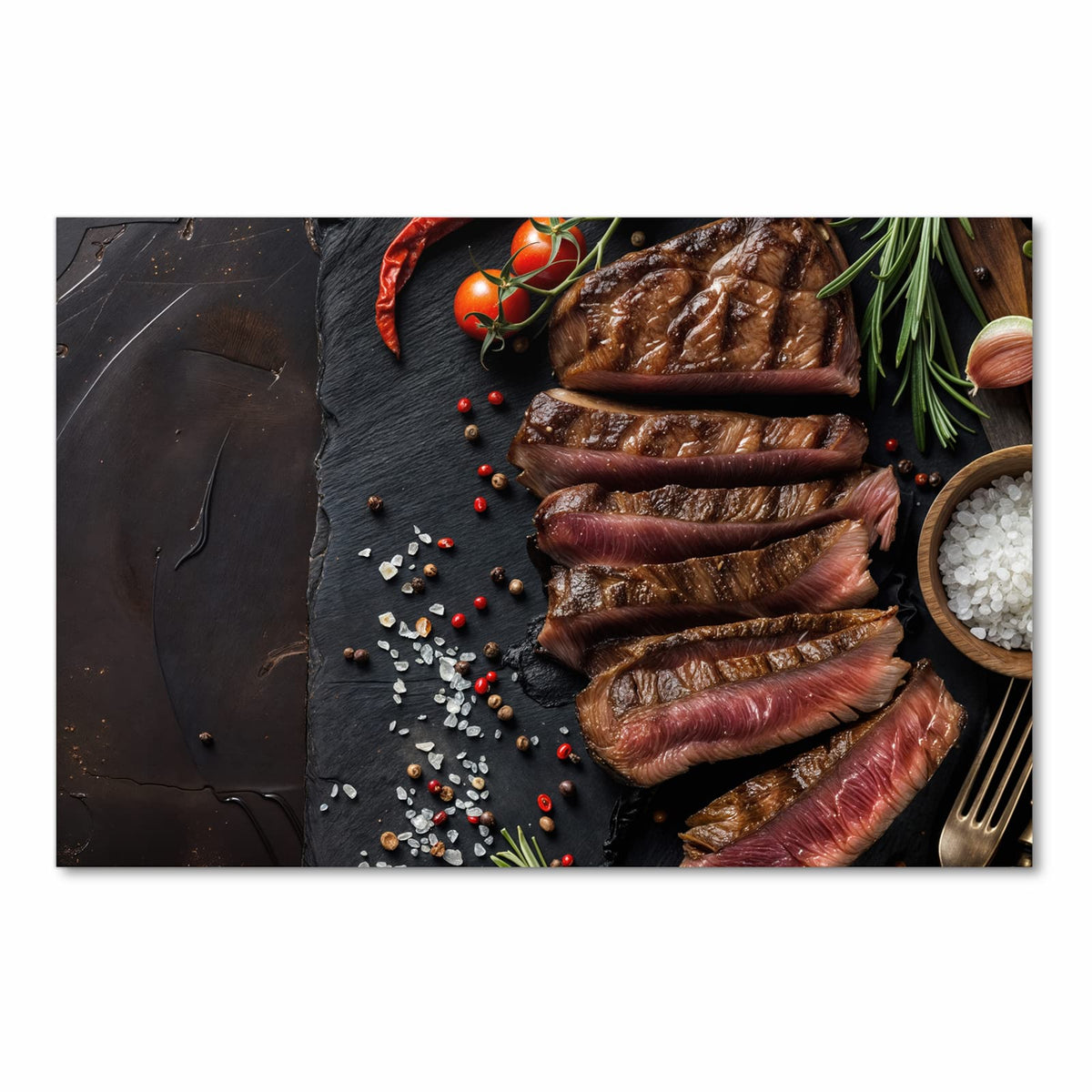 Rutschfester dünner Teppich mit Motiv Gegrilltes Steak Teller in Frontansicht für sicheren Stand