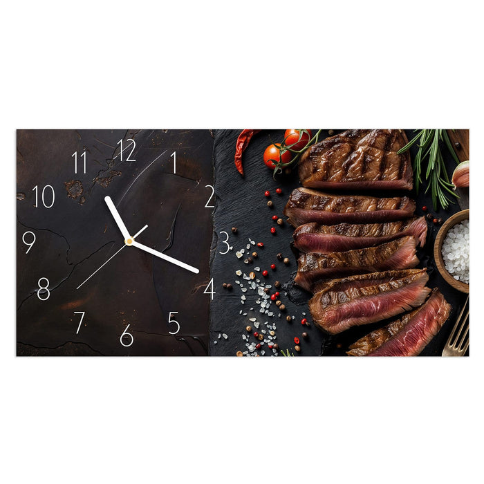 Wanduhr Gegrilltes Steak Teller aus Glas – Querformat 60 × 30 cm mit Ziffernblatt Elegant