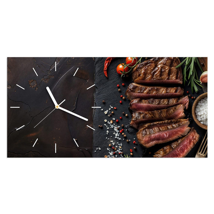 Wanduhr Gegrilltes Steak Teller aus Glas – Querformat 60 × 30 cm mit Ziffernblatt Linie
