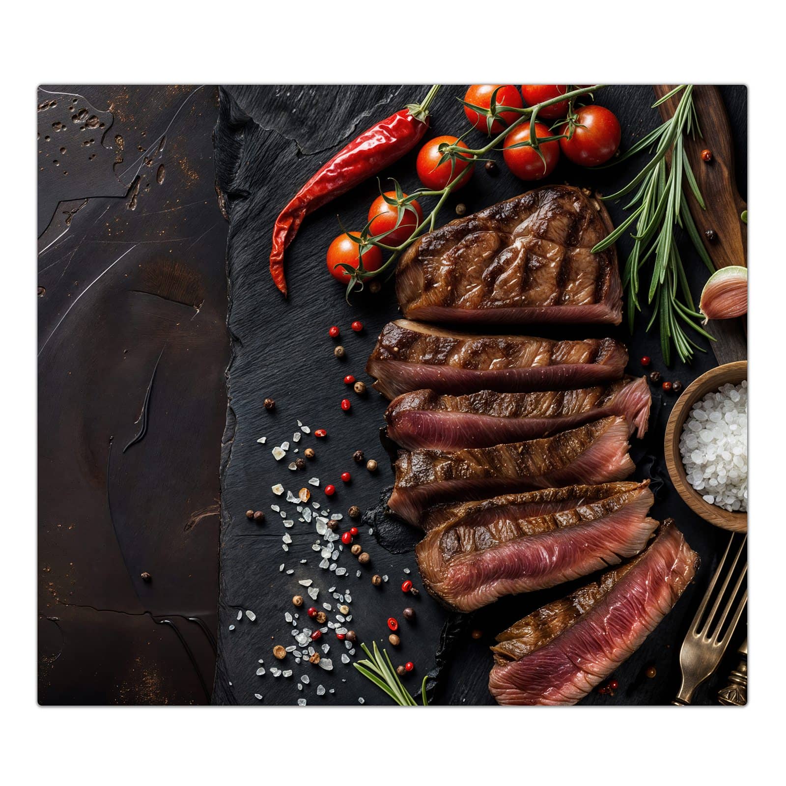 1-teilige Herdabdeckplatte Induktion mit Gegrilltes Steak Teller-Motiv in der Frontansicht #grösse_1-Teilig (60x52cm)
