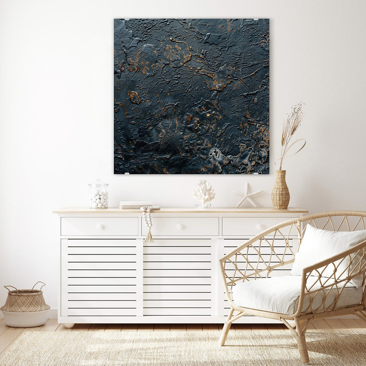 Glasbild Kupfer auf Schwarz an der Wand – Schwarzblaue, grob strukturierte Fläche mit kupferfarbenen Adern und Sprenkeln