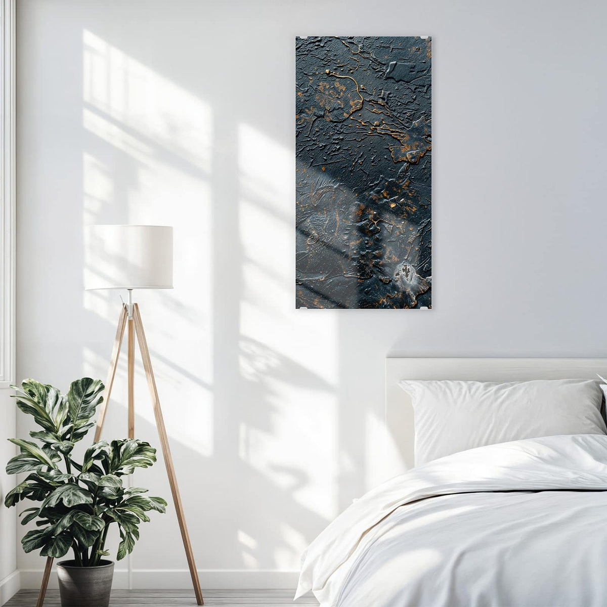 Glasbild Kupfer auf Schwarz an der Wand – Schwarzblaue, grob strukturierte Fläche mit kupferfarbenen Adern und Sprenkeln