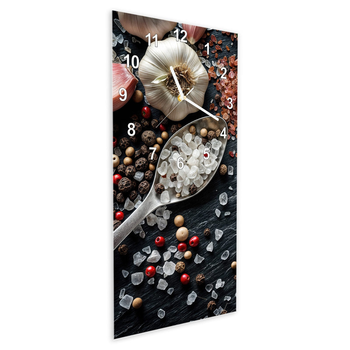 Wanduhr aus Glas im Hochformat Salz und Knoblauch schräg von der Seite, 4 mm starkes Glas