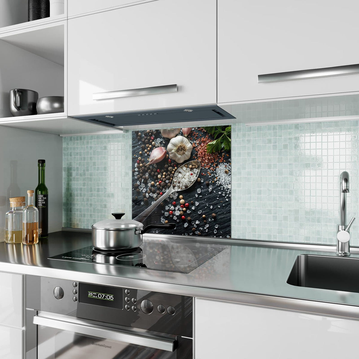 Küchenrückwand aus Glas Salz und Knoblauch im quadratischen Format als Spritzschutz hinter dem Kochfeld, über dem Fliesenspiegel montiert