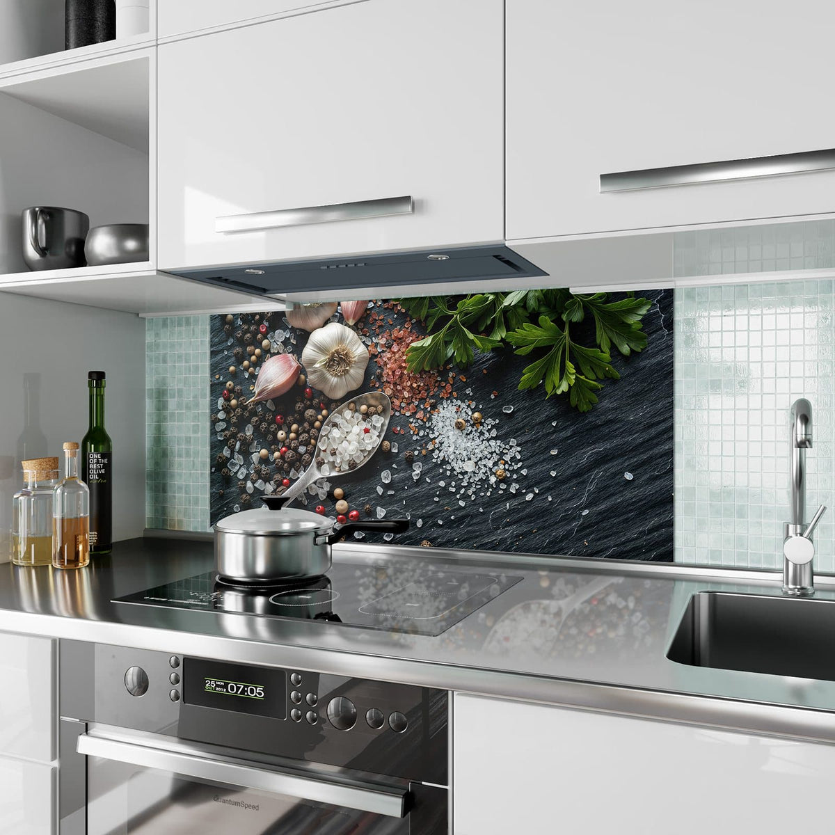 Küchenrückwand aus Glas Salz und Knoblauch im Hochformat als Spritzschutz hinter dem Kochfeld, über dem Fliesenspiegel montiert