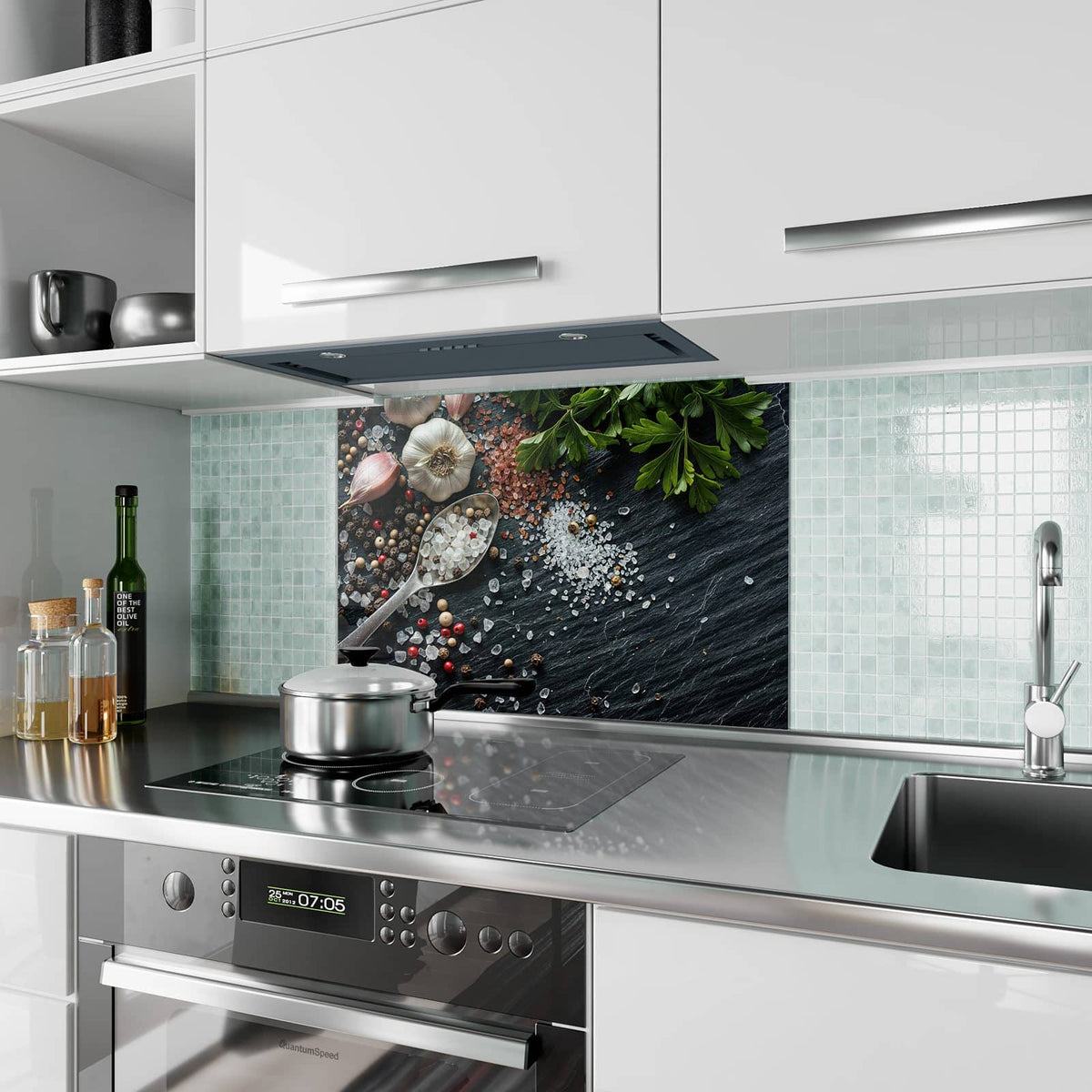 Küchenrückwand aus Glas Salz und Knoblauch im Hochformat als Spritzschutz hinter dem Kochfeld, über dem Fliesenspiegel montiert