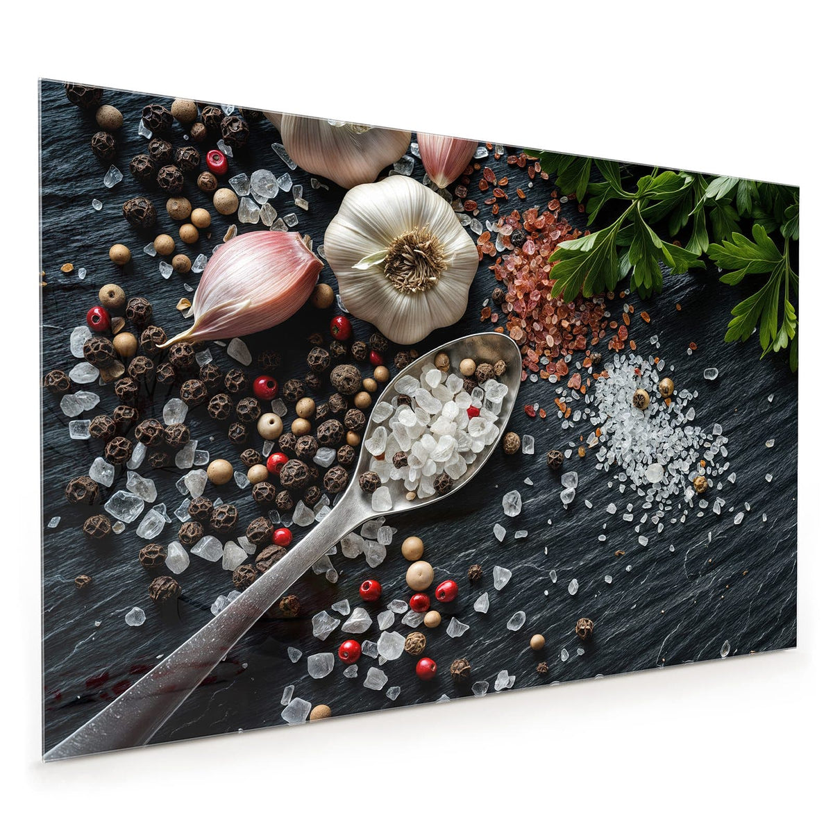 Küchenrückwand aus Glas im Hochformat: Knoblauchknollen, schwarze und rote Pfefferkörner und grobes Salz in einem Löffel auf schwarzem Schiefer