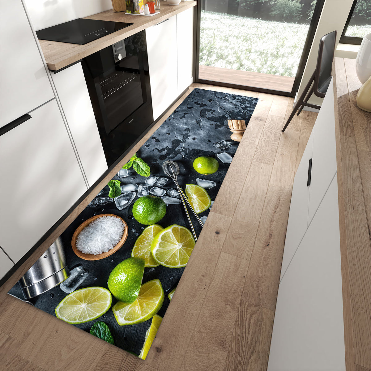 Komfortabler Küchenteppich mit Motiv Cocktail Zutaten in moderner Küche