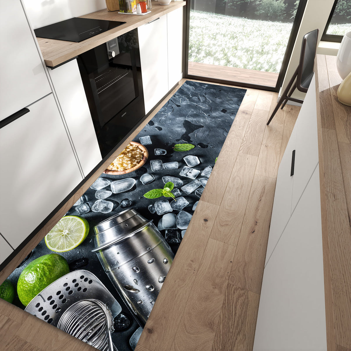 Wasserabweisender Teppich für Küche mit Motiv Cocktail Zutaten in moderner Küche