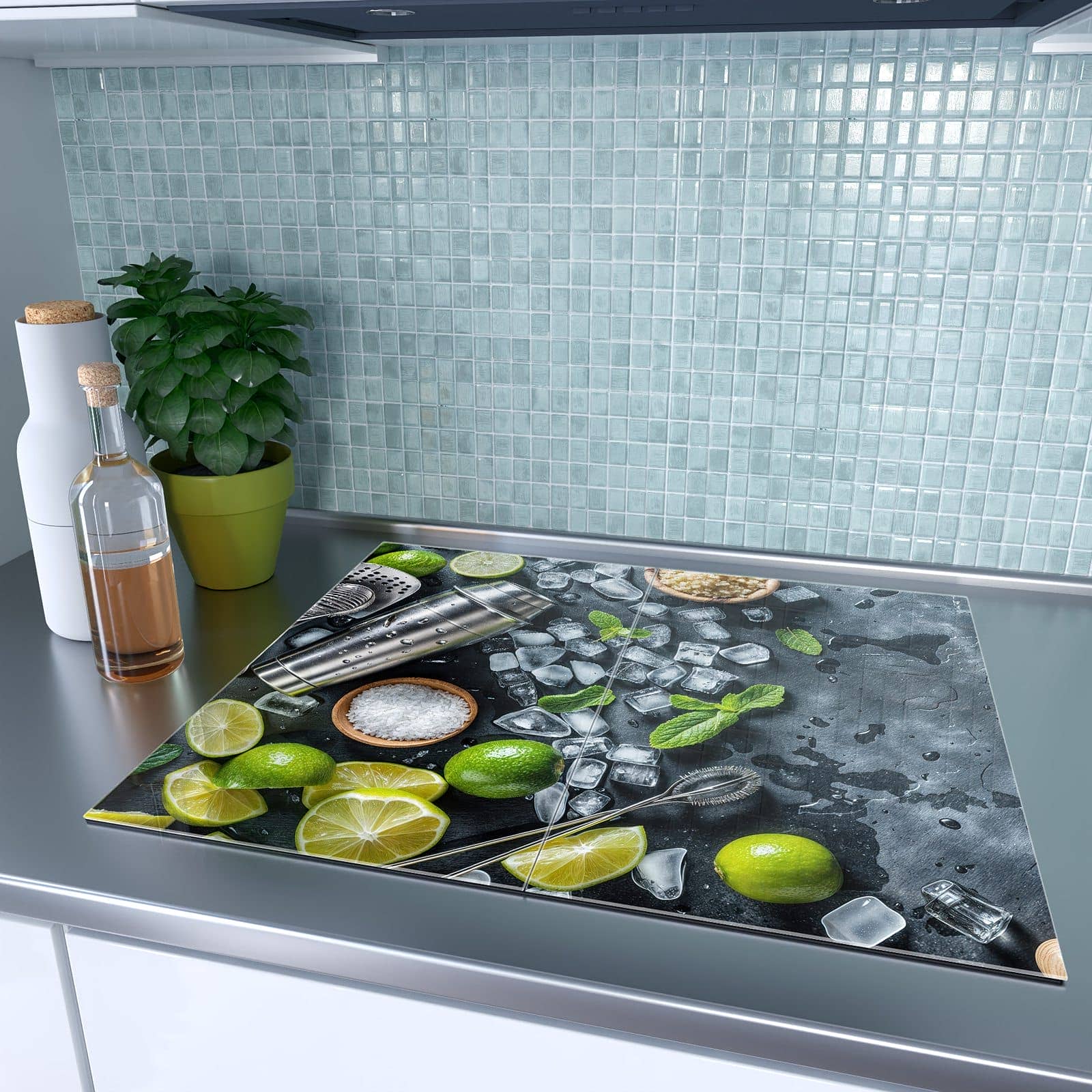 2-teilige Glasplatte für Herd mit Cocktail Zutaten-Motiv auf dem Ceranfeld
