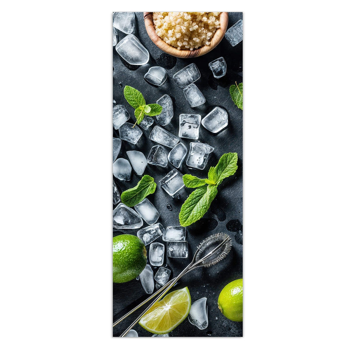 Wandbild - Shaker mit Limetten - Hochformat – Cocktailshaker mit Limetten und Minze