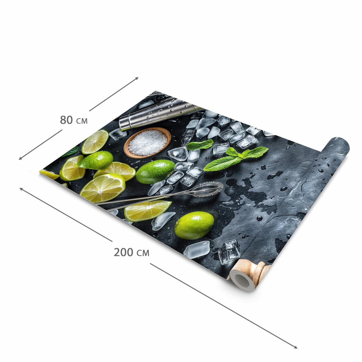 Feuchtigkeitsresistenter waschbarer Küchenteppich mit Motiv Cocktail Zutaten in der Grösse 60x240 cm