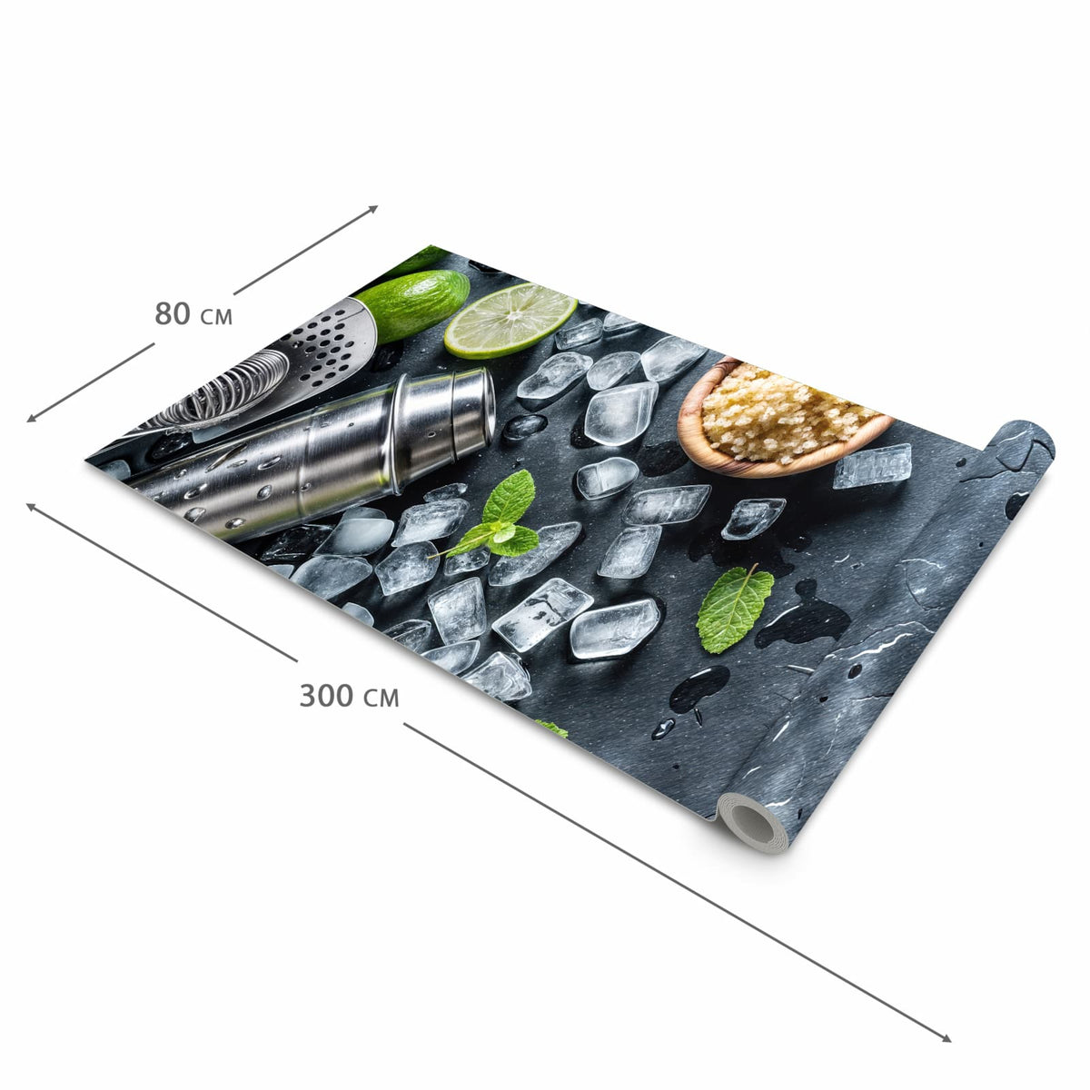 Bodenschonender rutschfester Küchenteppich mit Motiv Cocktail Zutaten in der Grösse 60x240 cm