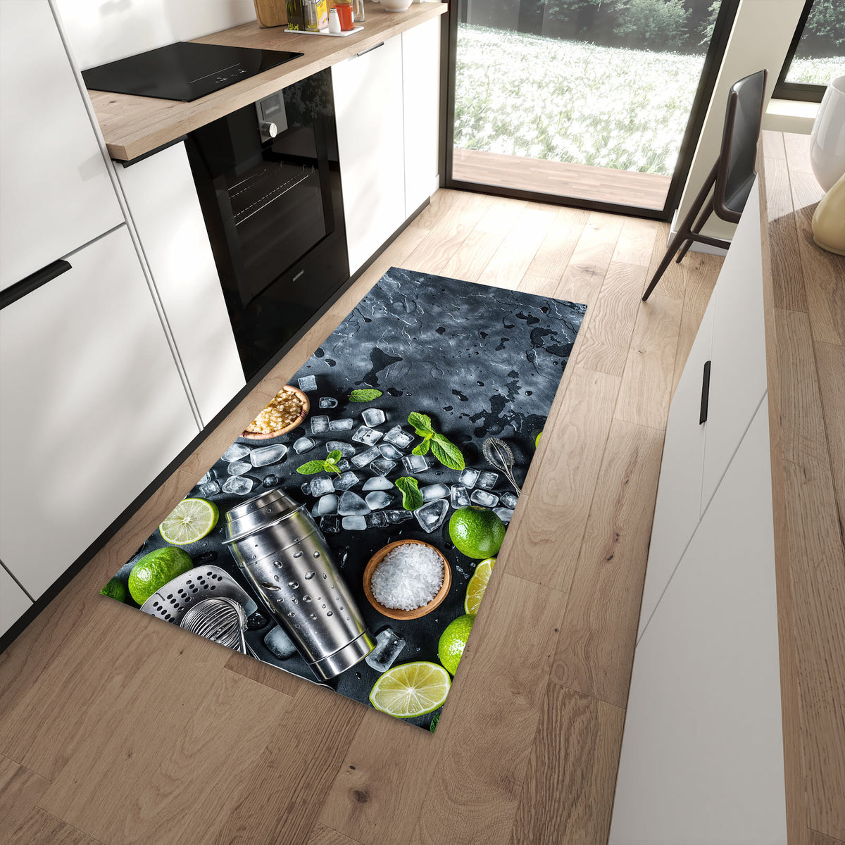 Fleckenresistenter Küchenteppich mit Motiv Cocktail Zutaten in moderner Küche